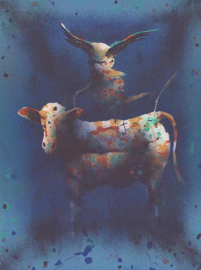 Håkon Gullvåg Gutt med kalv litografi